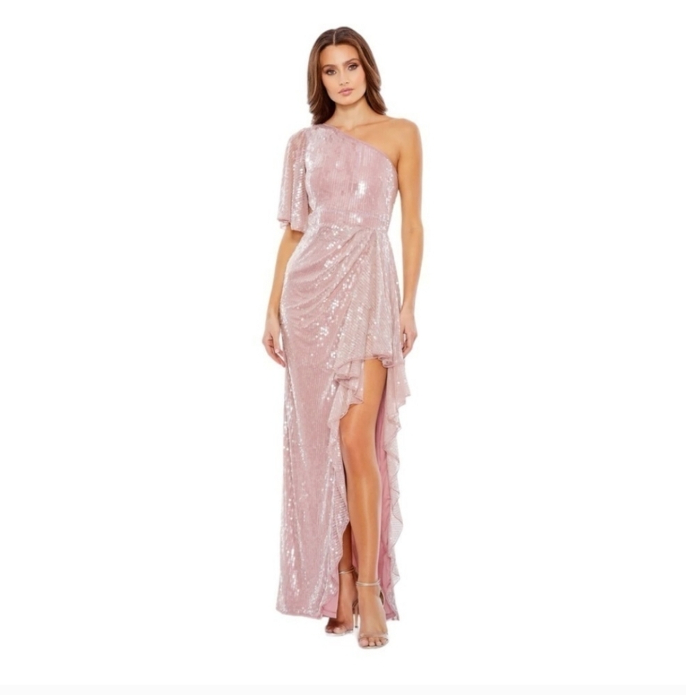 NWT Mac Duggal One Shoulder Sequin Gown Cutout High Slit Size 8